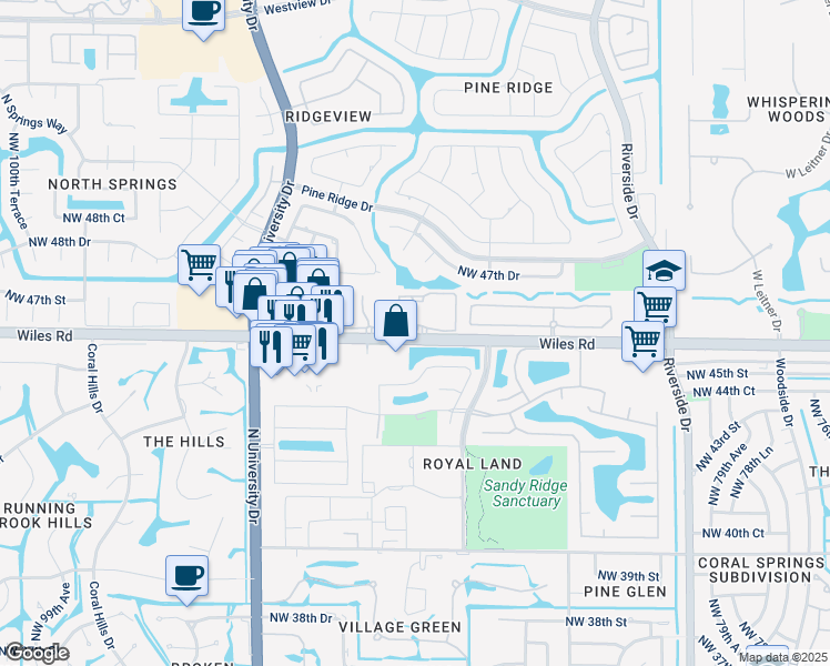map of restaurants, bars, coffee shops, grocery stores, and more near 8811 Wiles Road in Coral Springs
