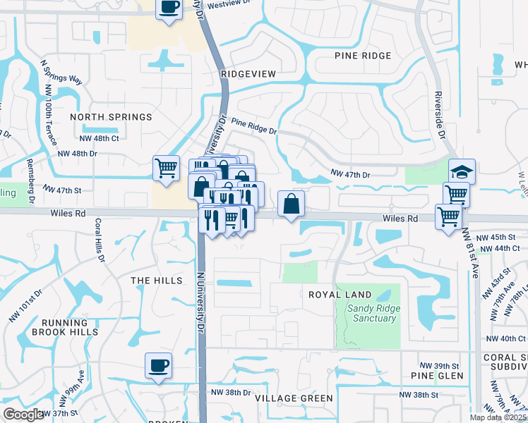 map of restaurants, bars, coffee shops, grocery stores, and more near in Coral Springs