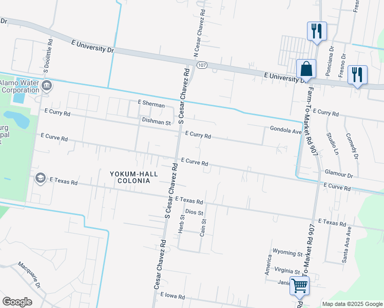 map of restaurants, bars, coffee shops, grocery stores, and more near 4405 East Curve Road in Edinburg