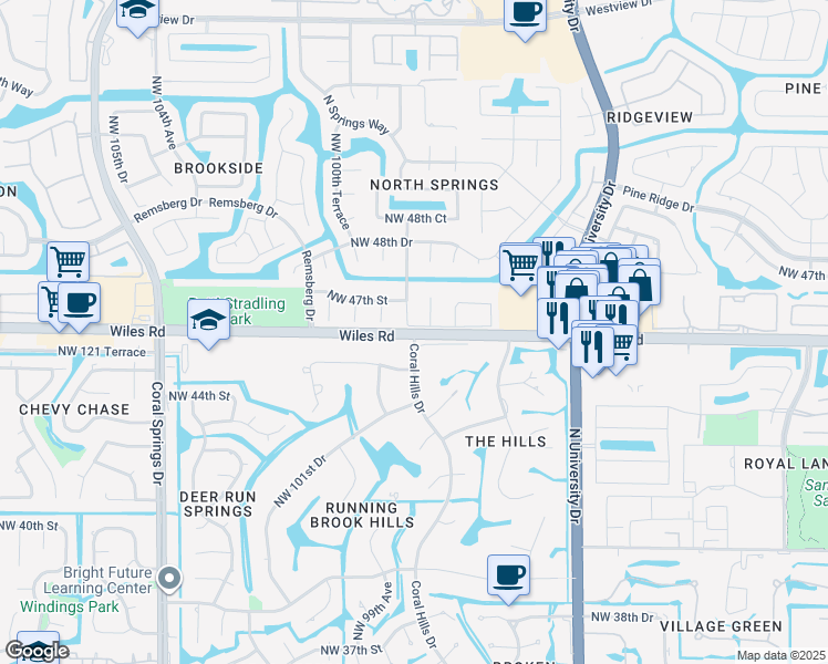 map of restaurants, bars, coffee shops, grocery stores, and more near Wiles Road in Coral Springs