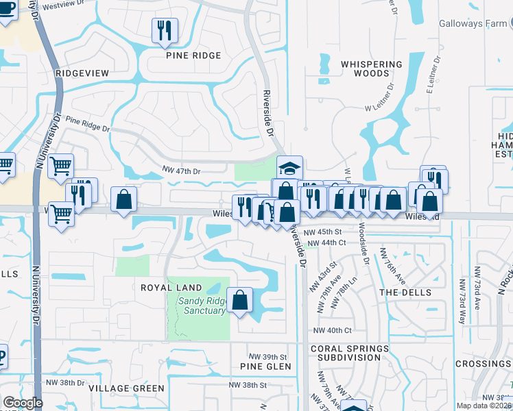 map of restaurants, bars, coffee shops, grocery stores, and more near 8365 Northwest 46th Drive in Coral Springs