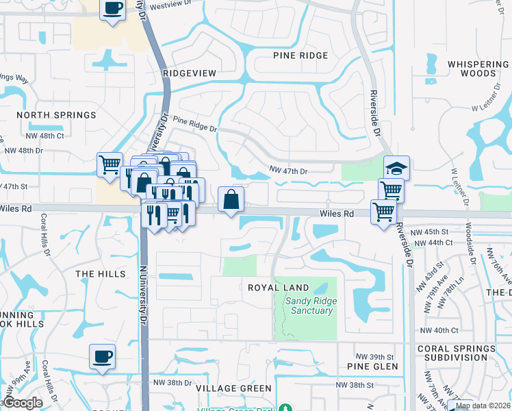 map of restaurants, bars, coffee shops, grocery stores, and more near 8811 Wiles Road in Coral Springs