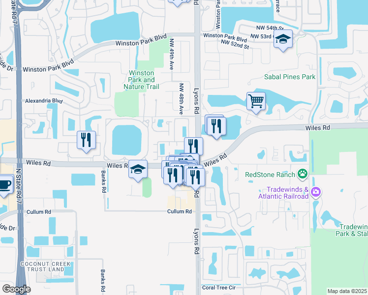map of restaurants, bars, coffee shops, grocery stores, and more near 4674 Monarch Way in Coconut Creek
