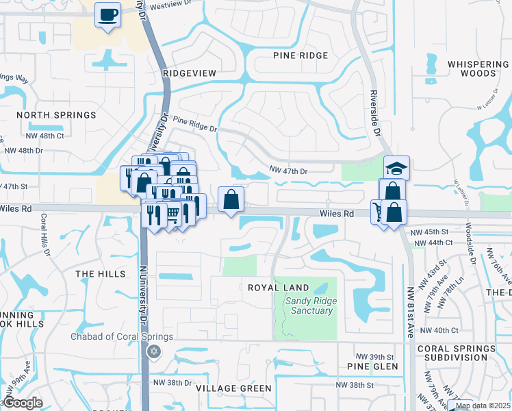 map of restaurants, bars, coffee shops, grocery stores, and more near 8811 Wiles Road in Coral Springs