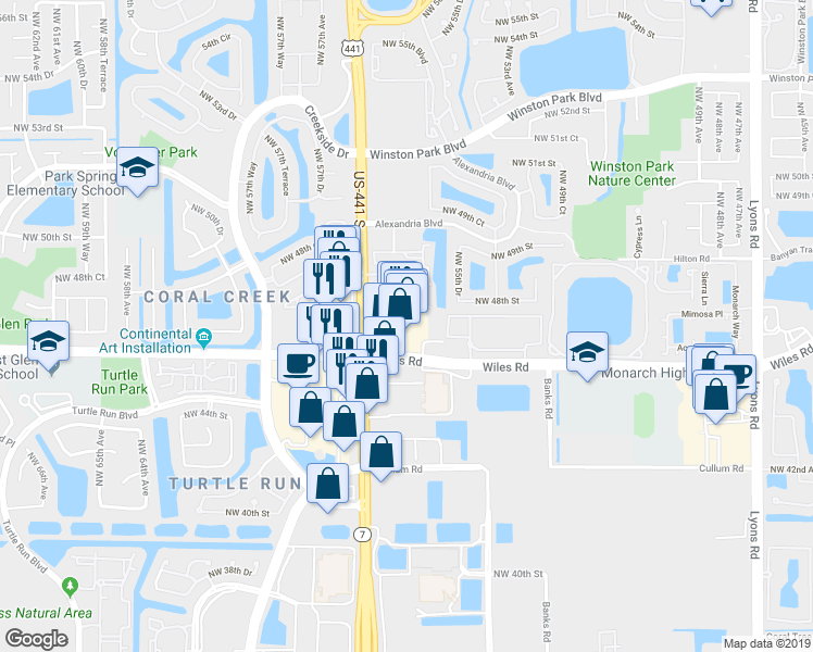 map of restaurants, bars, coffee shops, grocery stores, and more near North State Road 7 in Coral Springs