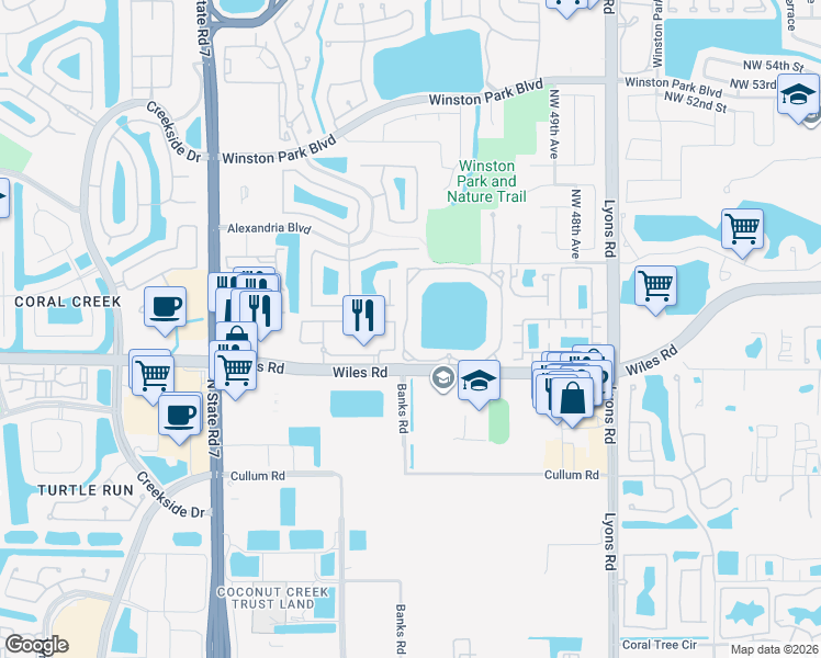 map of restaurants, bars, coffee shops, grocery stores, and more near 5021 Wiles Road in Coconut Creek