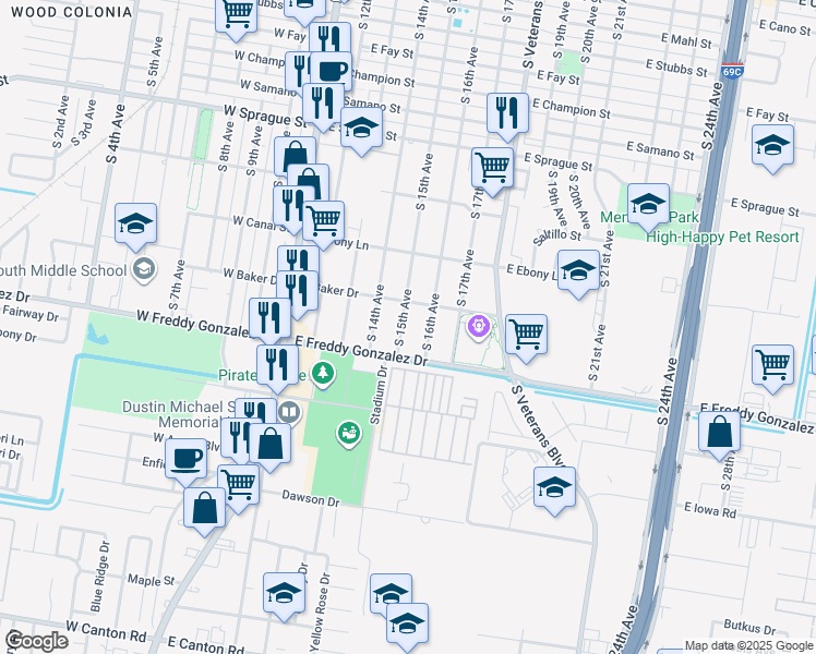 map of restaurants, bars, coffee shops, grocery stores, and more near 1414 South 15th Avenue in Edinburg