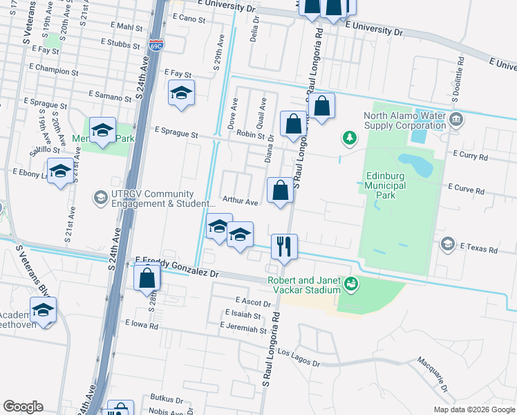 map of restaurants, bars, coffee shops, grocery stores, and more near 1014 Diana Drive in Edinburg