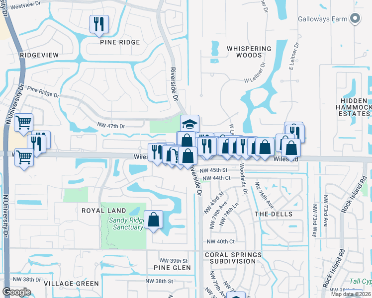 map of restaurants, bars, coffee shops, grocery stores, and more near 8151 Wiles Road in Coral Springs