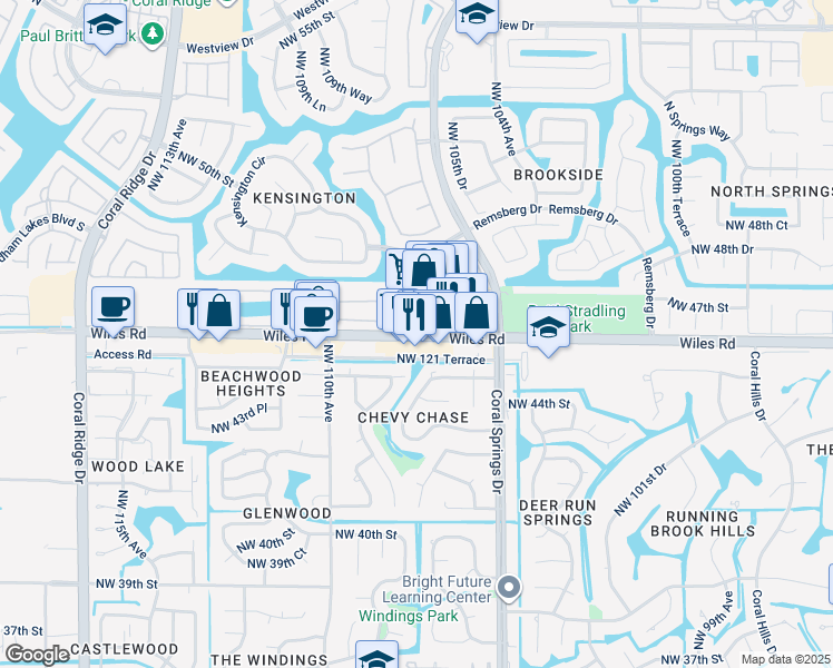 map of restaurants, bars, coffee shops, grocery stores, and more near 10669 Wiles Road in Coral Springs