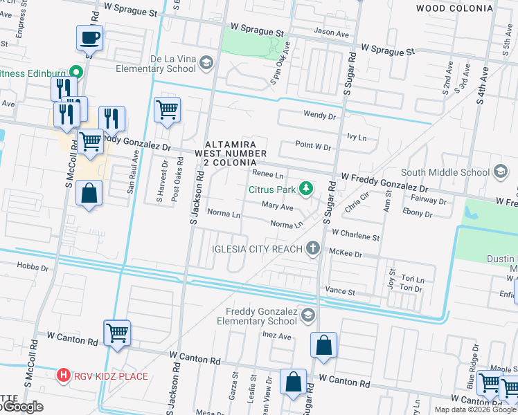map of restaurants, bars, coffee shops, grocery stores, and more near 2004 Mary Ave in Edinburg