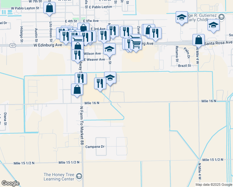 map of restaurants, bars, coffee shops, grocery stores, and more near 411 South Fannin Street in Edcouch
