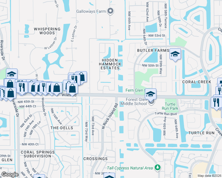 map of restaurants, bars, coffee shops, grocery stores, and more near 4642 Rothschild Drive in Coral Springs