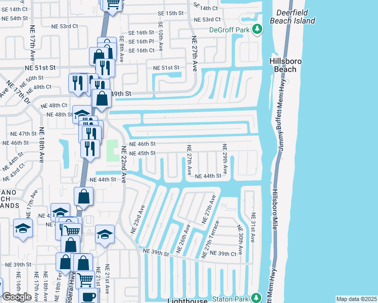map of restaurants, bars, coffee shops, grocery stores, and more near 4511 Northeast 27th Avenue in Lighthouse Point