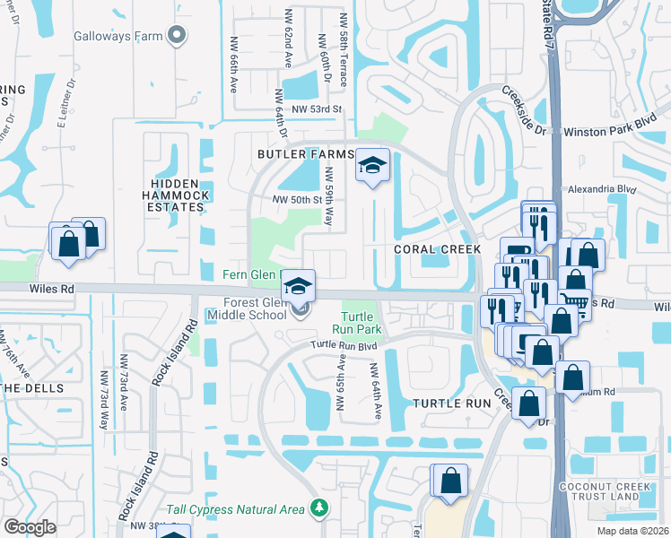 map of restaurants, bars, coffee shops, grocery stores, and more near 4635 Northwest 59th Way in Coral Springs