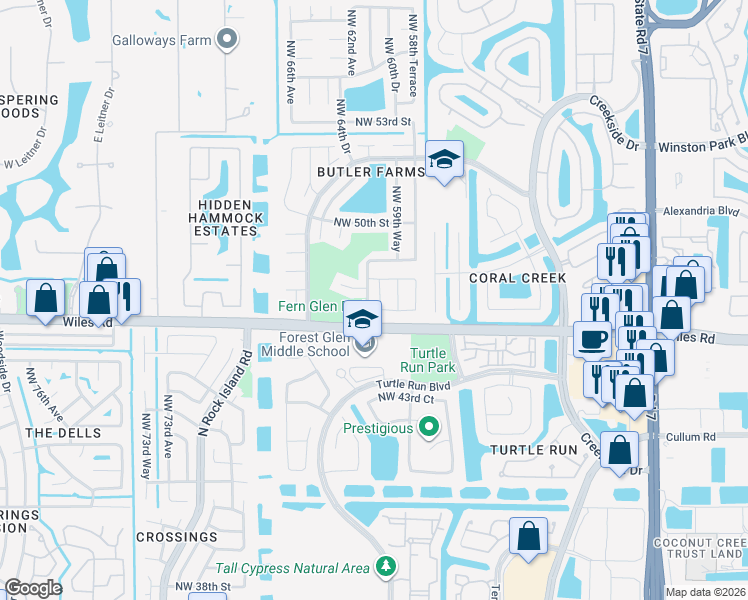map of restaurants, bars, coffee shops, grocery stores, and more near 4708 Northwest 60th Lane in Coral Springs