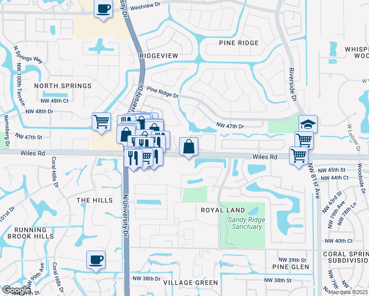 map of restaurants, bars, coffee shops, grocery stores, and more near 8931 Palm Drive in Coral Springs