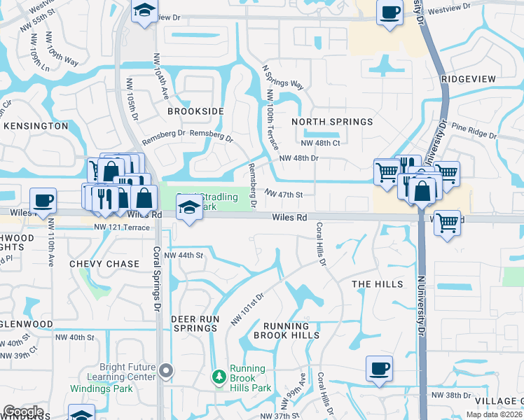 map of restaurants, bars, coffee shops, grocery stores, and more near 4620 Northwest 100th Way in Coral Springs