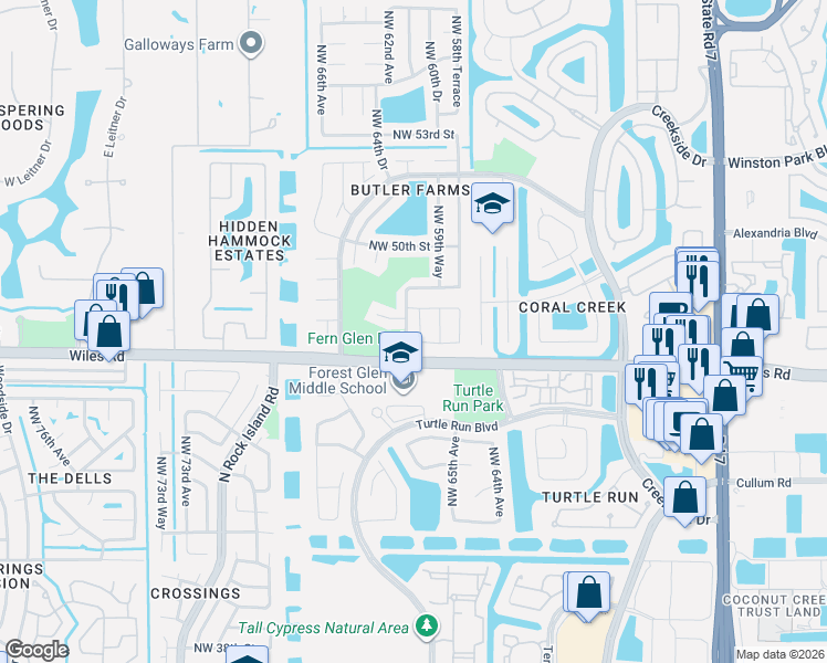map of restaurants, bars, coffee shops, grocery stores, and more near 4708 Northwest 60th Lane in Coral Springs