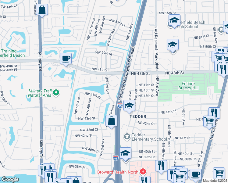 map of restaurants, bars, coffee shops, grocery stores, and more near 206 Northwest 46th Court in Pompano Beach