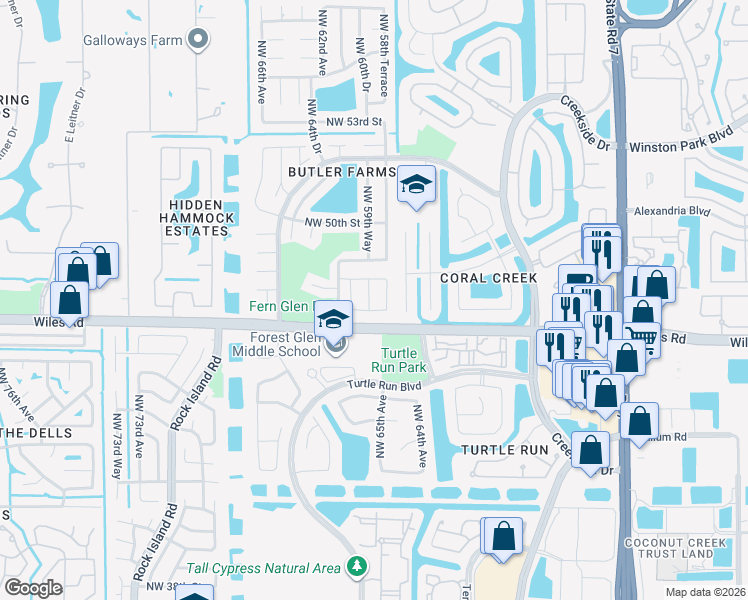 map of restaurants, bars, coffee shops, grocery stores, and more near 4635 Northwest 59th Way in Coral Springs