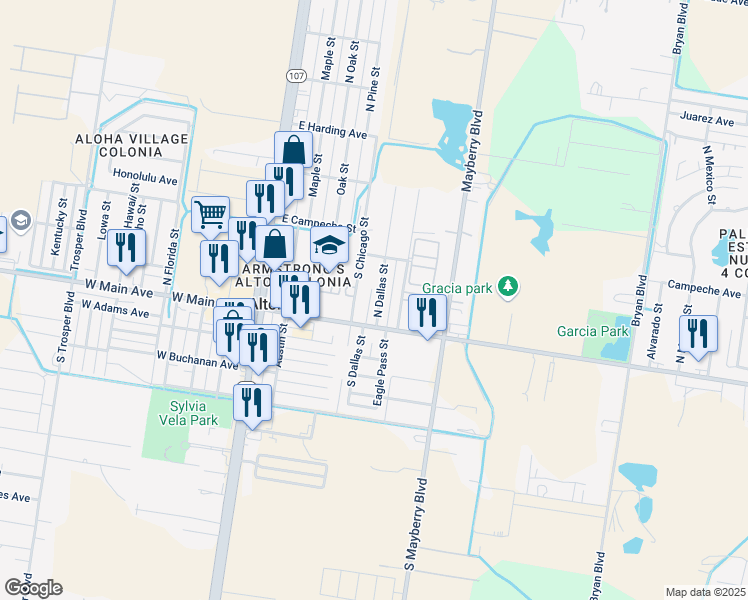 map of restaurants, bars, coffee shops, grocery stores, and more near 201 North Dallas Street in Alton