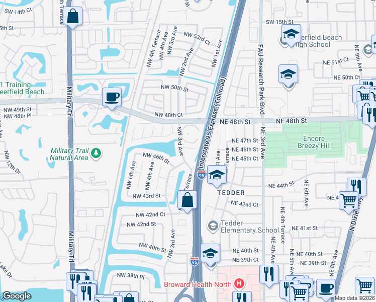 map of restaurants, bars, coffee shops, grocery stores, and more near 206 Northwest 46th Court in Pompano Beach