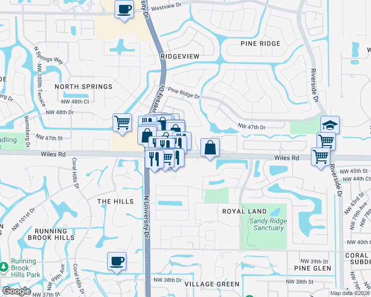 map of restaurants, bars, coffee shops, grocery stores, and more near in Coral Springs