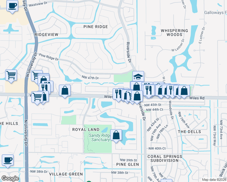 map of restaurants, bars, coffee shops, grocery stores, and more near 8435 Northwest 46th Drive in Coral Springs