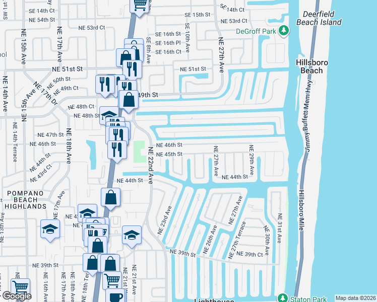 map of restaurants, bars, coffee shops, grocery stores, and more near 2441 Northeast 45th Street in Lighthouse Point