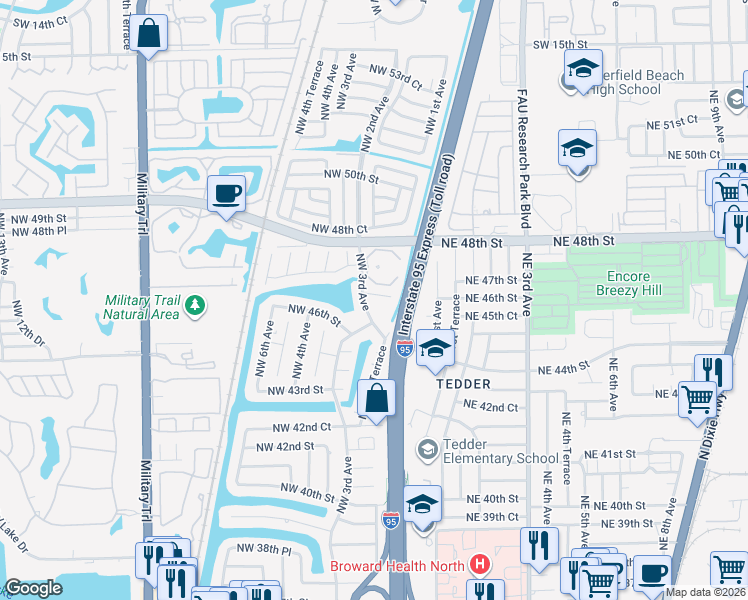 map of restaurants, bars, coffee shops, grocery stores, and more near 206 Northwest 46th Court in Pompano Beach