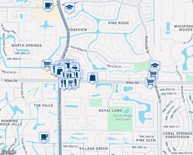 map of restaurants, bars, coffee shops, grocery stores, and more near 8811 Wiles Road in Coral Springs