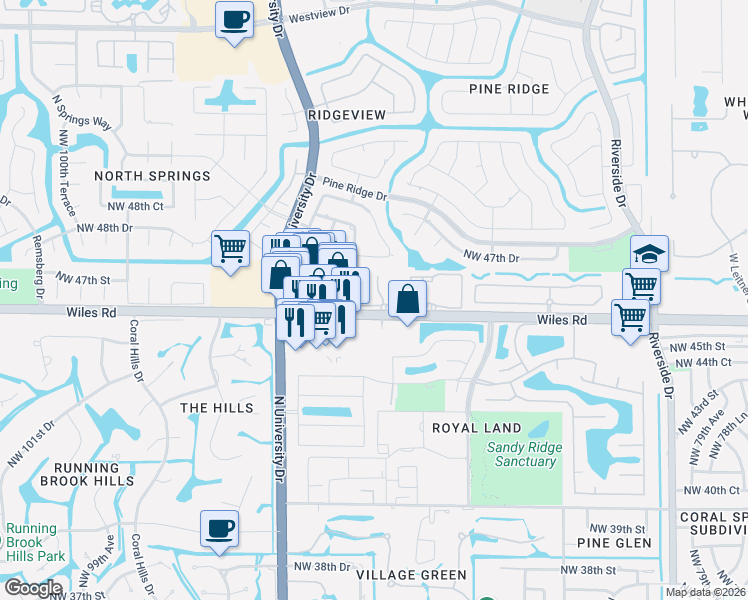 map of restaurants, bars, coffee shops, grocery stores, and more near in Coral Springs