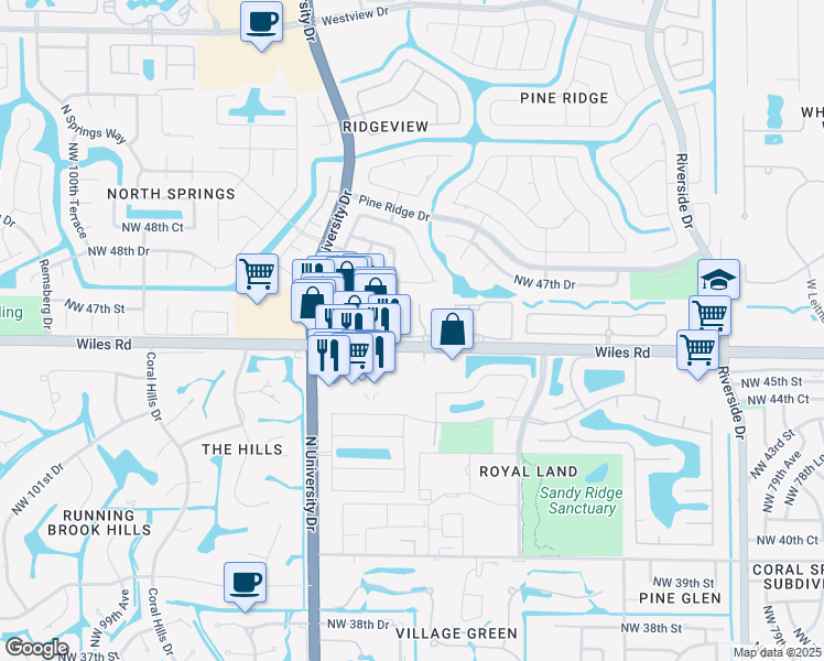 map of restaurants, bars, coffee shops, grocery stores, and more near in Coral Springs