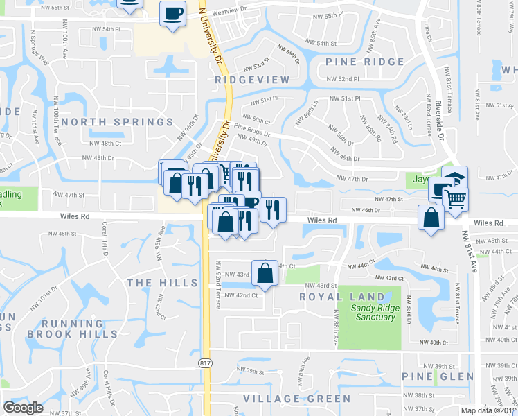 map of restaurants, bars, coffee shops, grocery stores, and more near in Coral Springs