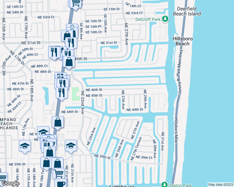 map of restaurants, bars, coffee shops, grocery stores, and more near 2601 Northeast 45th Street in Lighthouse Point