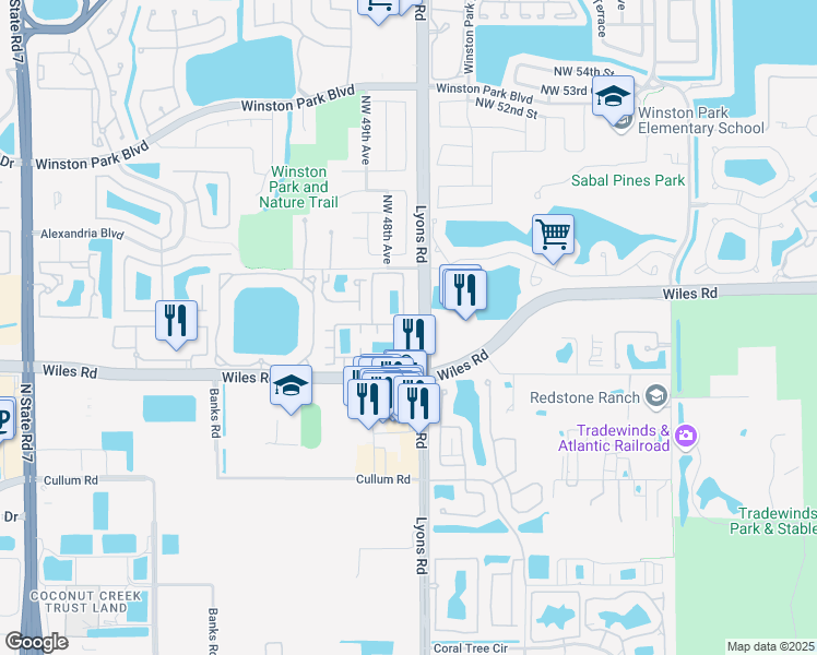map of restaurants, bars, coffee shops, grocery stores, and more near 4674 Monarch Way in Coconut Creek