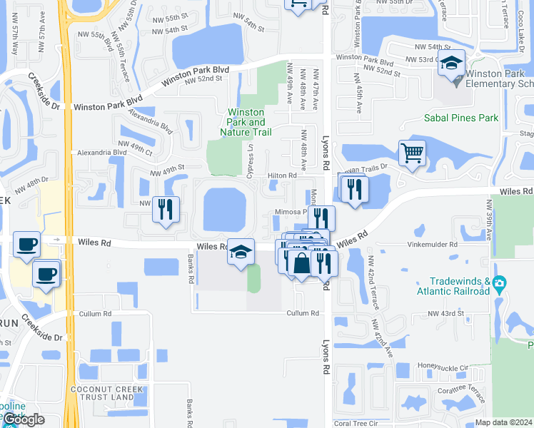 map of restaurants, bars, coffee shops, grocery stores, and more near 1201 Mimosa Terrace in Coconut Creek