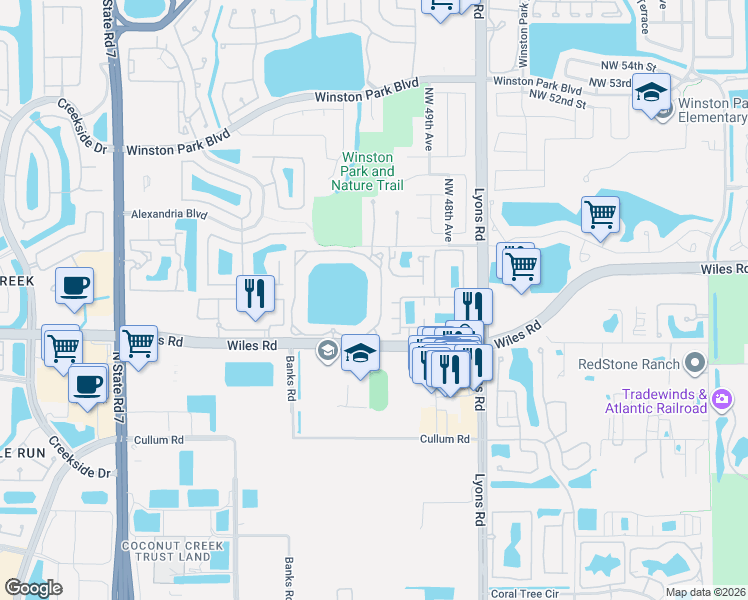 map of restaurants, bars, coffee shops, grocery stores, and more near 5055 Wiles Road in Coconut Creek