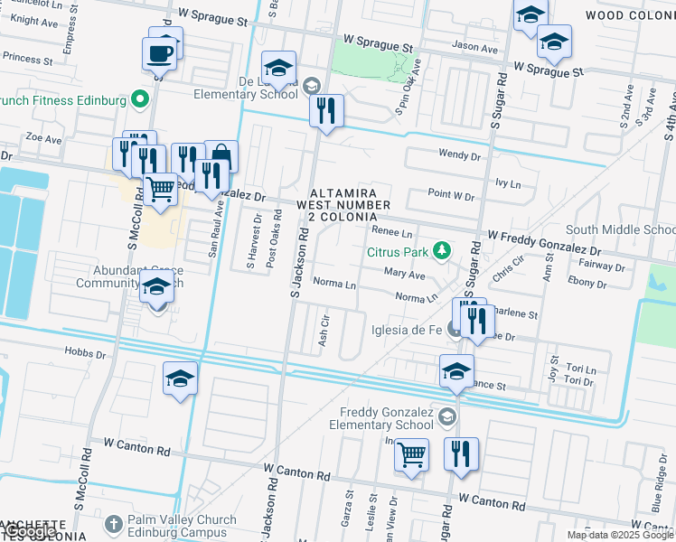 map of restaurants, bars, coffee shops, grocery stores, and more near 2124 River Drive in Edinburg