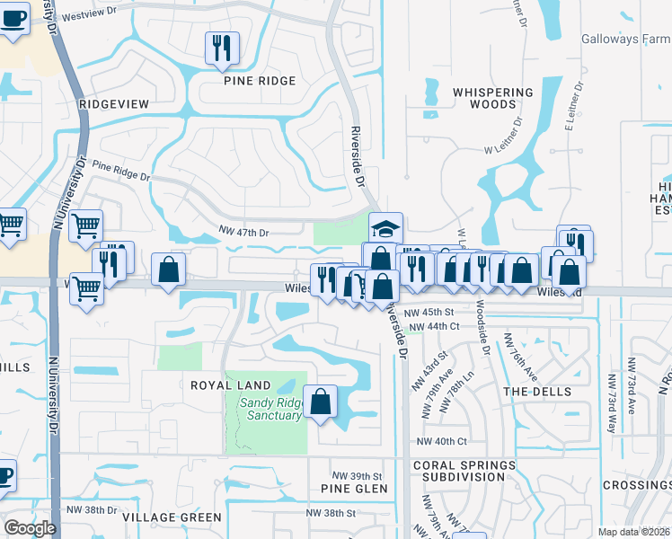 map of restaurants, bars, coffee shops, grocery stores, and more near 8365 Northwest 46th Drive in Coral Springs