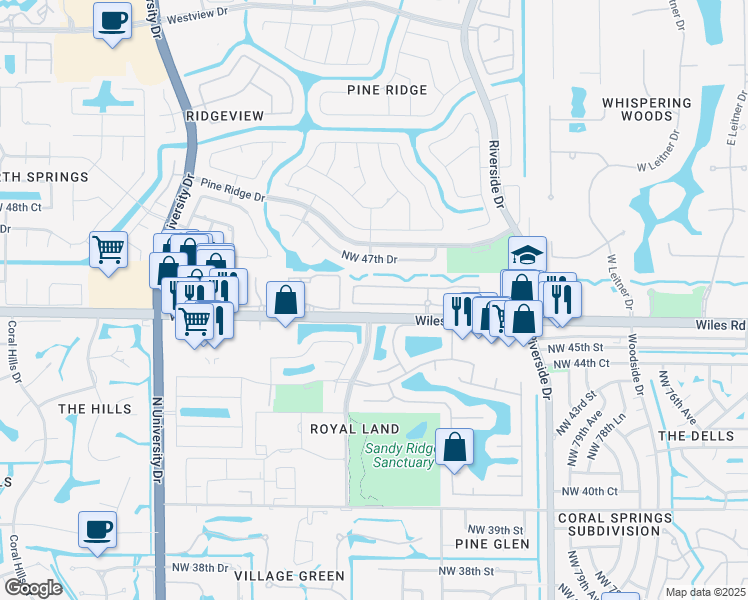 map of restaurants, bars, coffee shops, grocery stores, and more near 8555 Northwest 46th Drive in Coral Springs