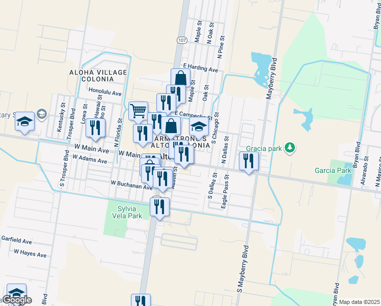 map of restaurants, bars, coffee shops, grocery stores, and more near 202 Alamo Street in Alton