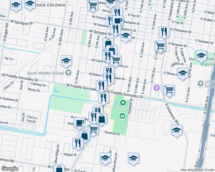 map of restaurants, bars, coffee shops, grocery stores, and more near 1512 South Closner Boulevard in Edinburg
