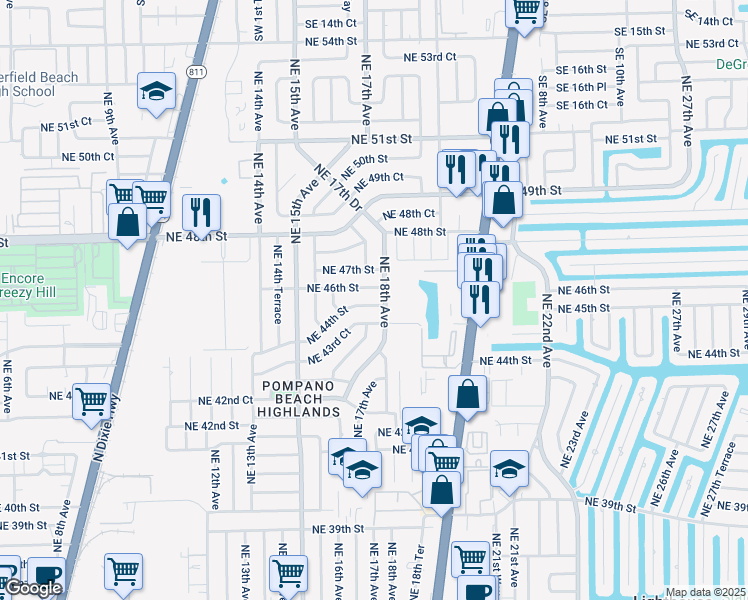 map of restaurants, bars, coffee shops, grocery stores, and more near 1711 Northeast 44th Street in Pompano Beach
