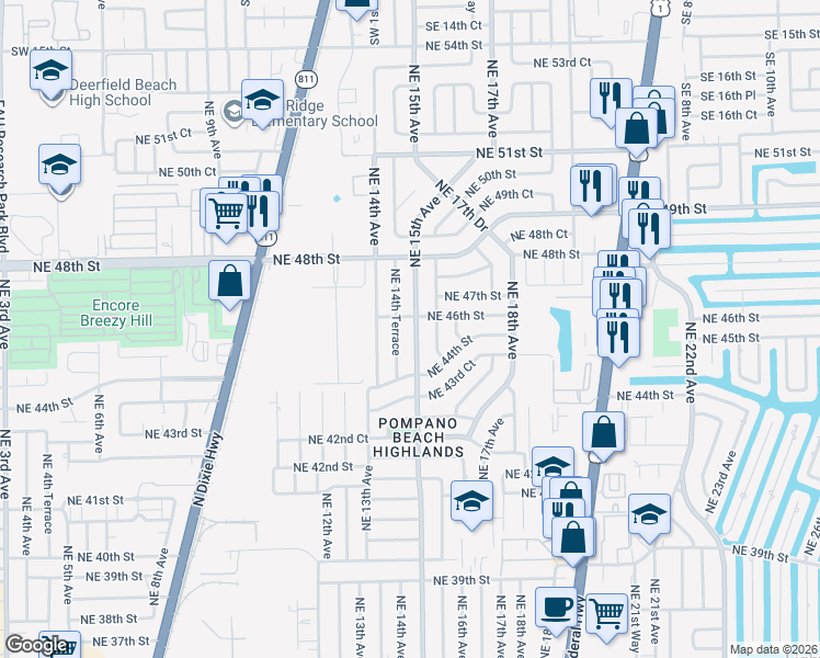 map of restaurants, bars, coffee shops, grocery stores, and more near 4531 Northeast 15th Avenue in Pompano Beach