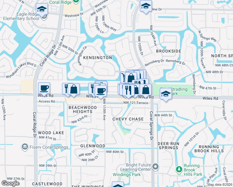 map of restaurants, bars, coffee shops, grocery stores, and more near 10853 Northwest 46th Drive in Coral Springs