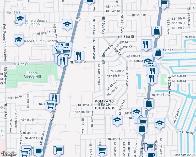 map of restaurants, bars, coffee shops, grocery stores, and more near 4531 Northeast 14th Terrace in Pompano Beach