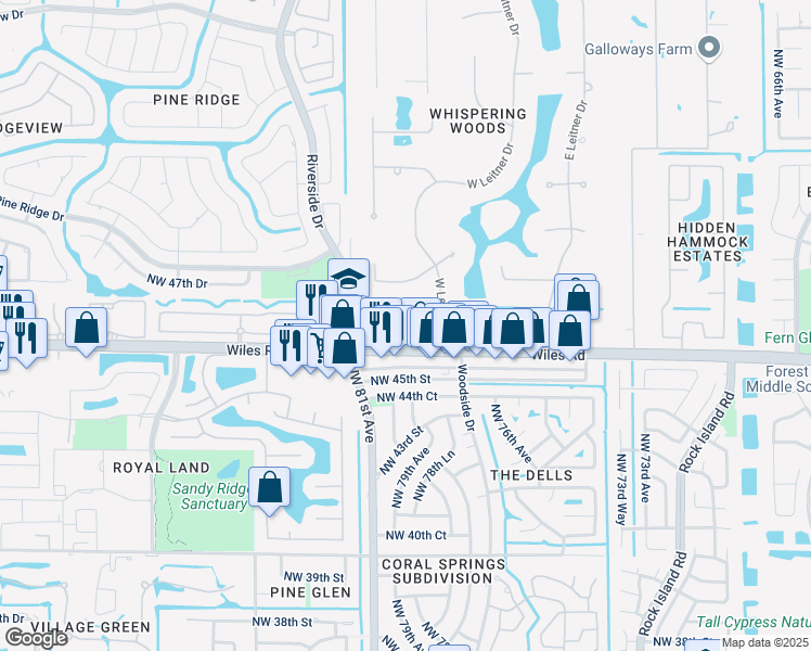 map of restaurants, bars, coffee shops, grocery stores, and more near 8095 Wiles Road in Coral Springs