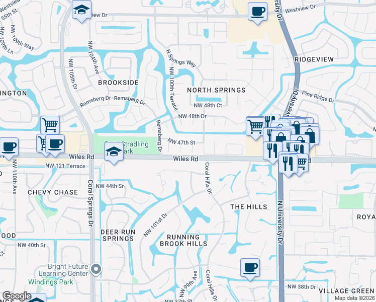 map of restaurants, bars, coffee shops, grocery stores, and more near 4615 Northwest 99th Lane in Coral Springs
